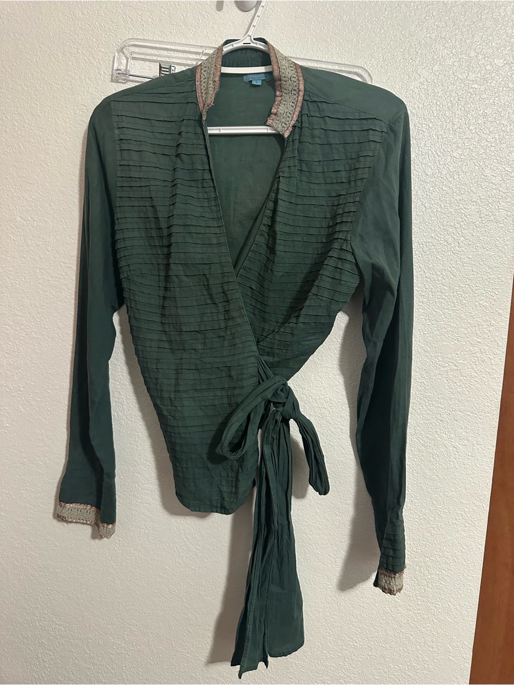 Womens Deep Forest Wrap Blouse with Contrast Trim